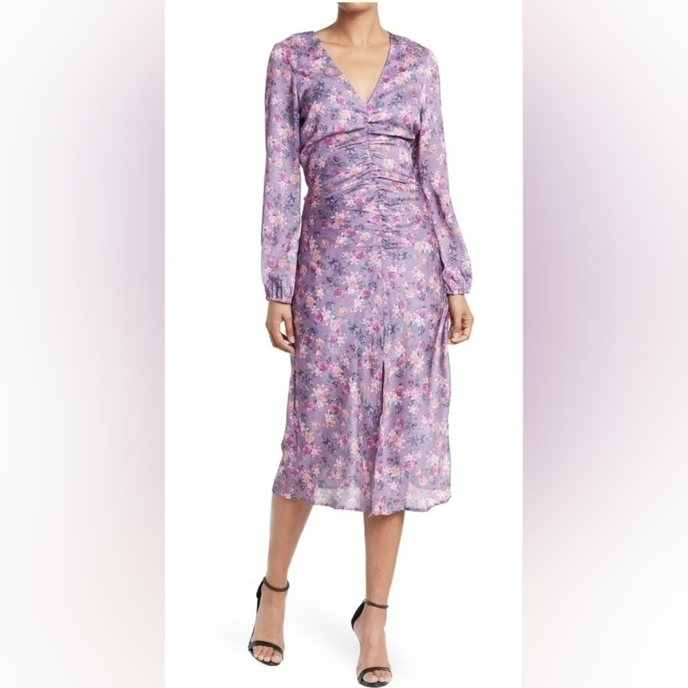 NSR Heidi Dress Floral Blue Sky Ruched Slit Large - Picture 2 of 10